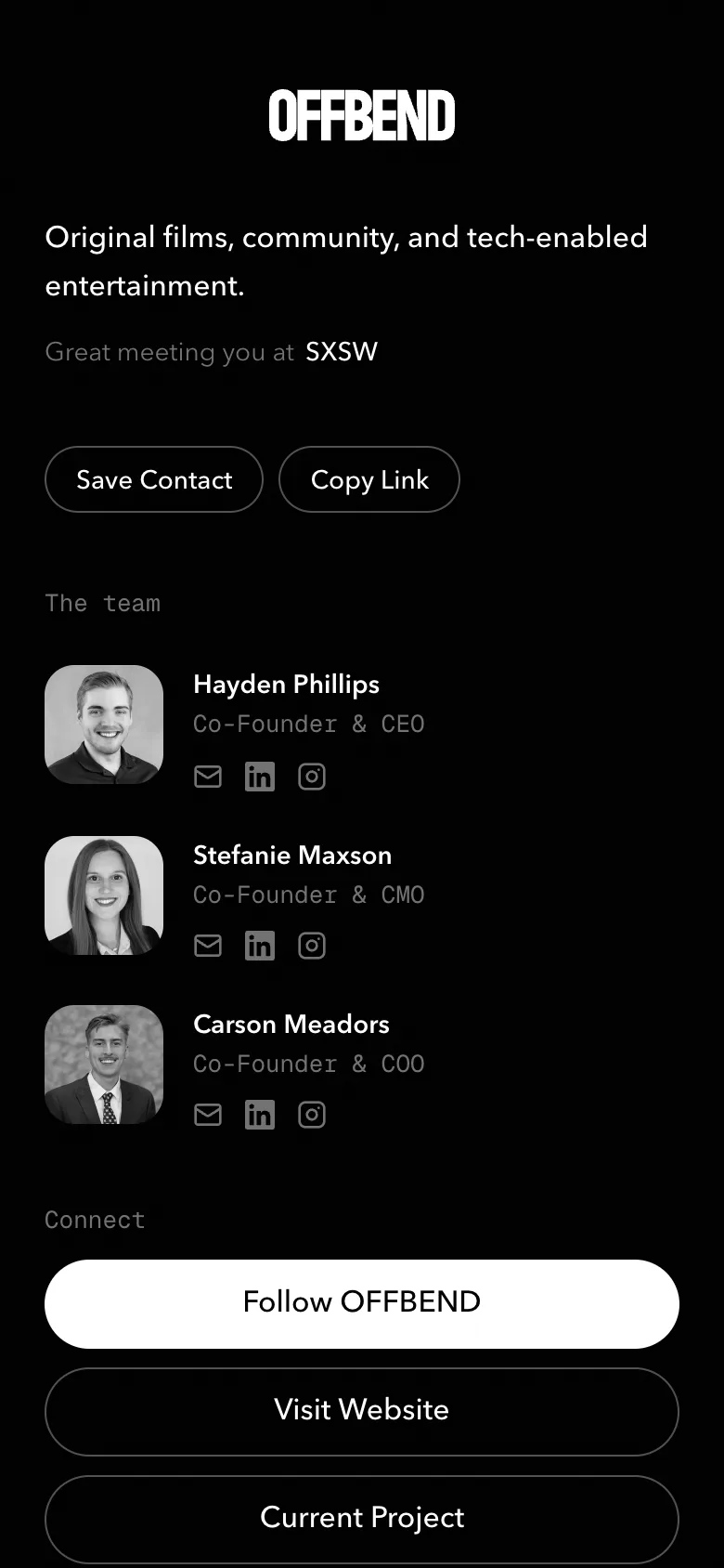OFFBEND Connect page on a phone, with Save Contact and team members