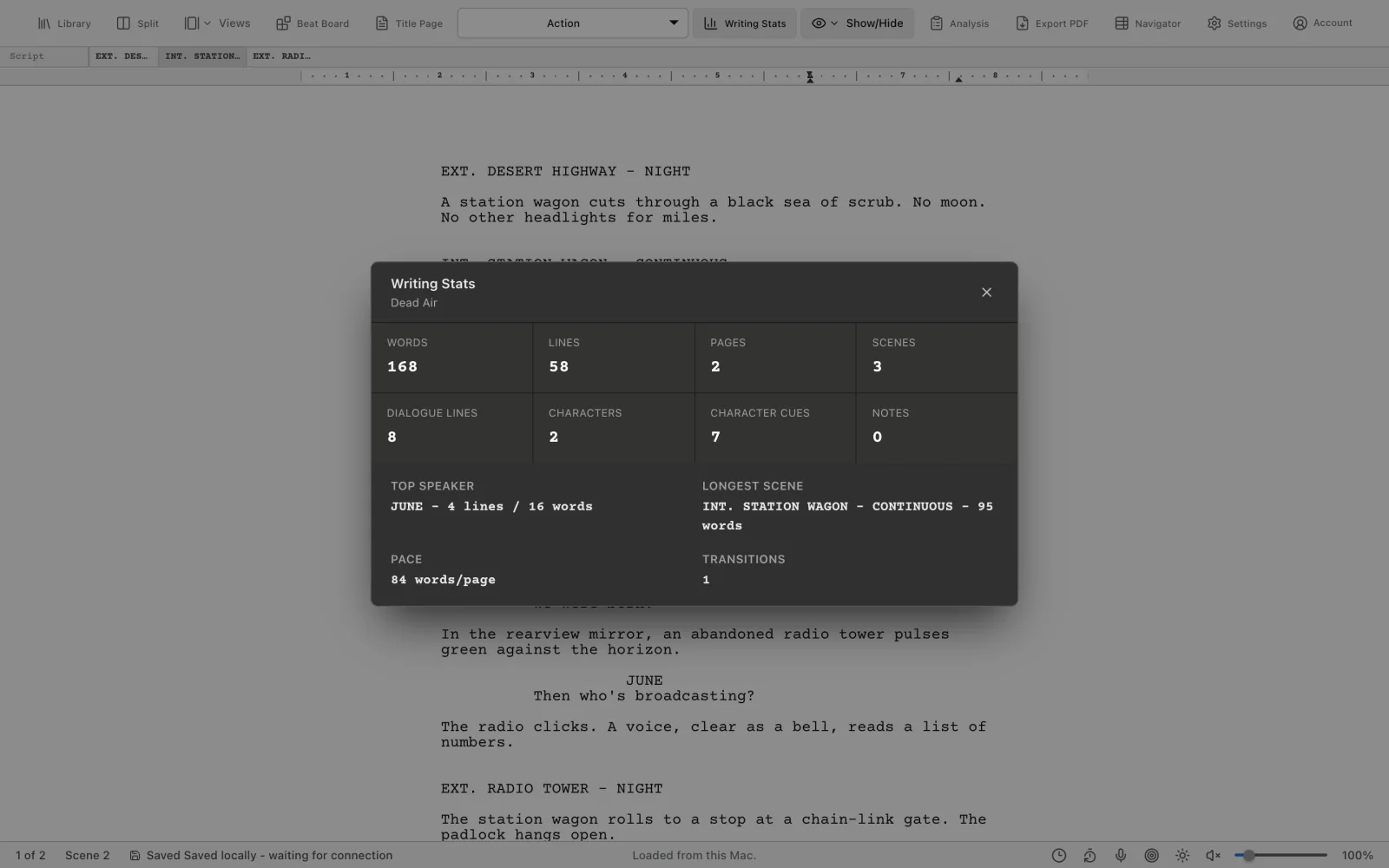 First Page writing stats
