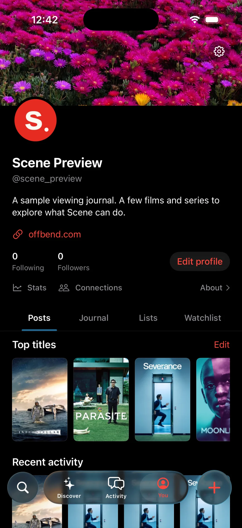 Scene profile with top titles and recent activity